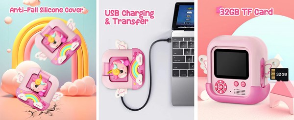 دوربین عکاسی و فیلمبرداری دیجیتال کودک با چاپ فوری حرارتی طرح یونیکورن بنفش مدل M9_ اسباب بازی دیجیتال و هوشمند