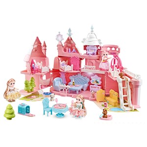 قصر بزرگ تاشو موزیکال چراغدار به همراه 2 پرنسس و وسایل_اسباب بازی لوازم خانگی