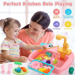 اسباب بازی سینک ظرفشویی و قلاب ماهیگیری رنگ صورتی _اسباب بازی لوازم خانگی