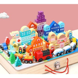 پازل شهر کوچک چوبی تاشو همراه با قطار و ماشین، 90 قطعه مدل TOYARTSY Track Box City_بازی فکری