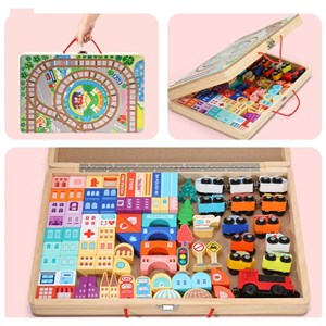 پازل شهر کوچک چوبی تاشو همراه با قطار و ماشین، 90 قطعه مدل TOYARTSY Track Box City_بازی فکری