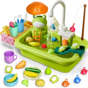 اسباب بازی سینک ظرفشویی و قلاب ماهیگیری 30 قطعه طرح قورباغه_اسباب بازی لوازم خانگی