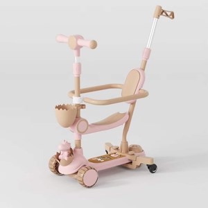 اسکوتر 3 کاره صندلی دار تاشو با 5 چرخ چراغدار و موزیکال رنگ صورتی_اسکوتر