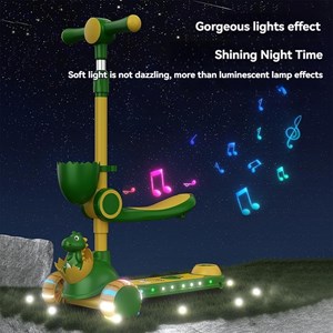 اسکوتر 3 کاره صندلی دار تاشو با 5 چرخ چراغدار و موزیکال رنگ قهوه ای_اسکوتر