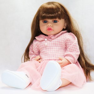 عروسک سیلیکونی دختر بچه 50 سانتی سخنگو با پیراهن صورتی_عروسک