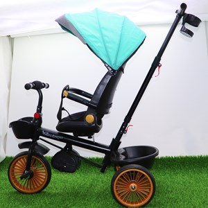 سه چرخه فلزی با سایه بان رنگ فیروزه ای